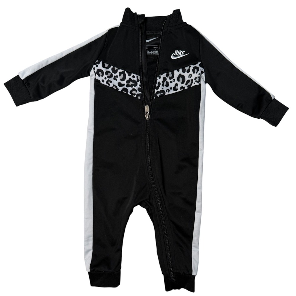 Nike Baby Coverall 9M Black White Leopard Print Full Zip Tracksuit Romper Logo